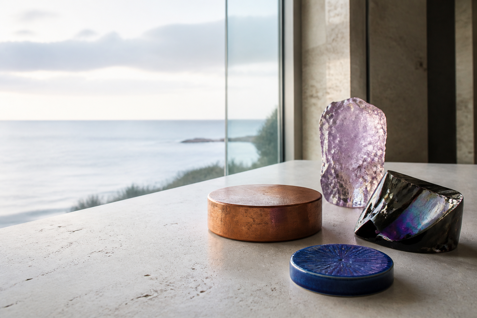 A physical composition of copper, crystal, glass and ceramic materials